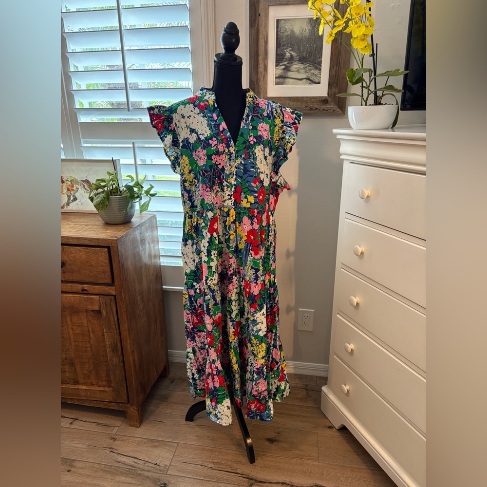 Floral V-Neck Ruffle Sleeve Midi Dress - Blue Multi - Picture 2 of 11